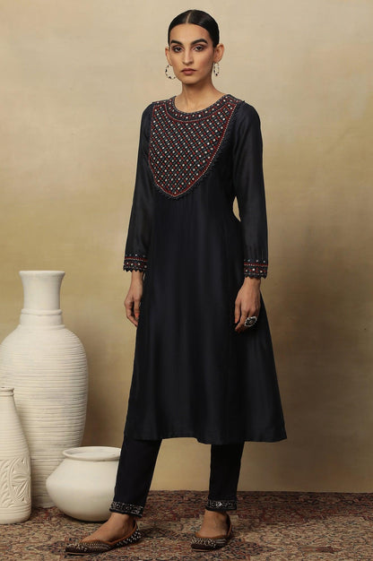 Dark Blue Embroidered Cotton Silk Kurta - wforwoman