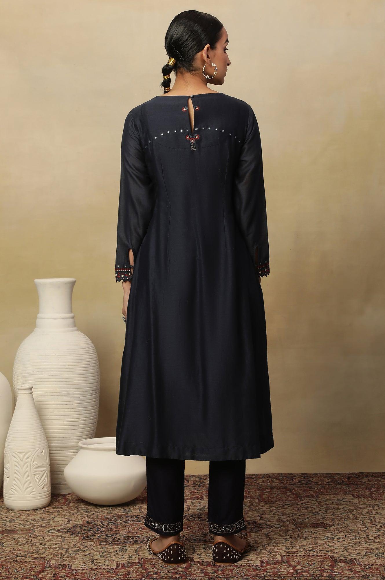 Dark Blue Embroidered Cotton Silk Kurta - wforwoman