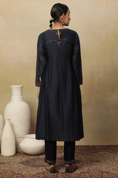 Dark Blue Embroidered Cotton Silk Kurta - wforwoman