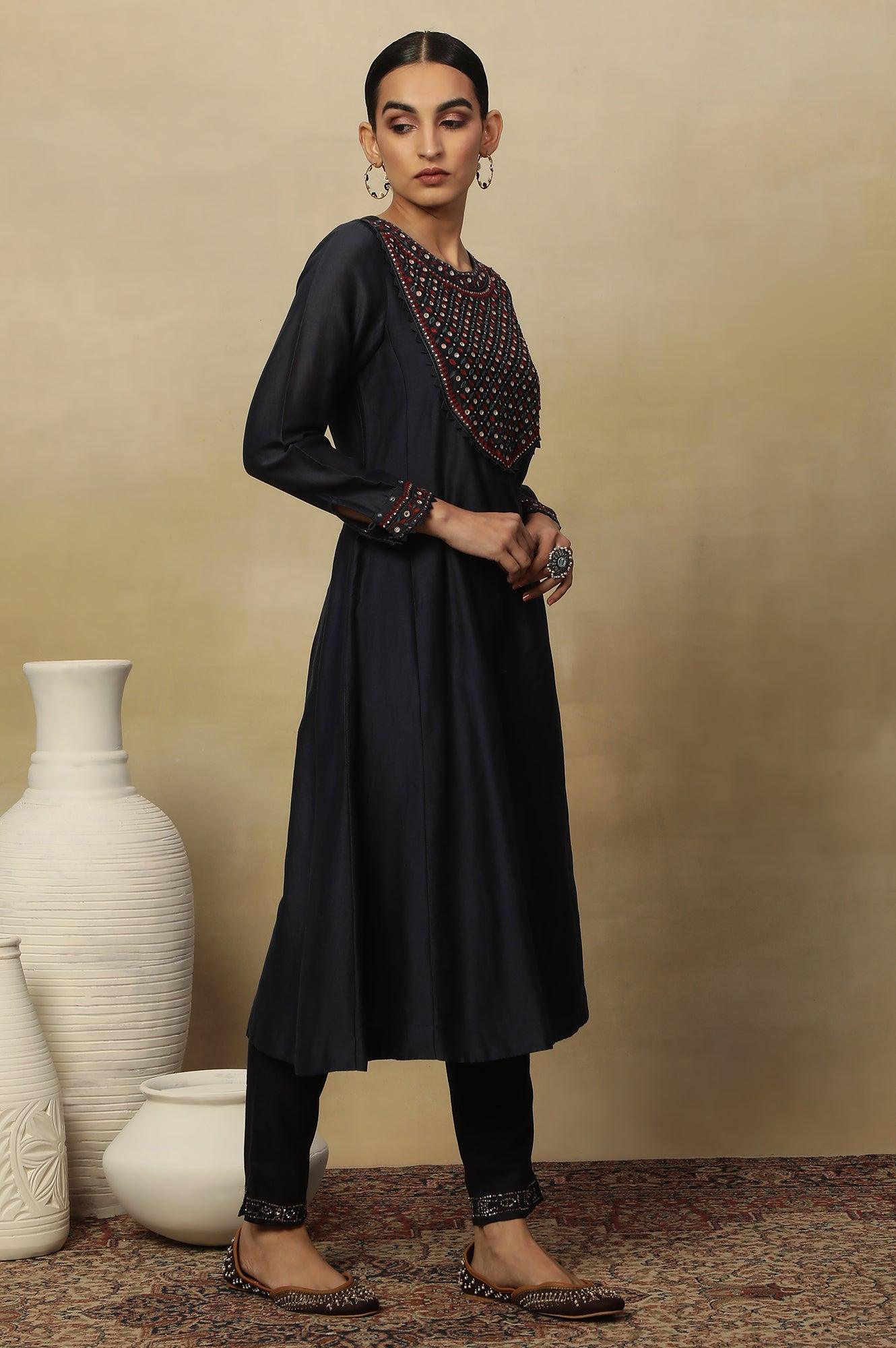 Dark Blue Embroidered Cotton Silk Kurta - wforwoman