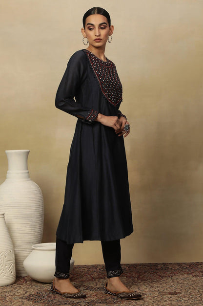 Dark Blue Embroidered Cotton Silk Kurta - wforwoman