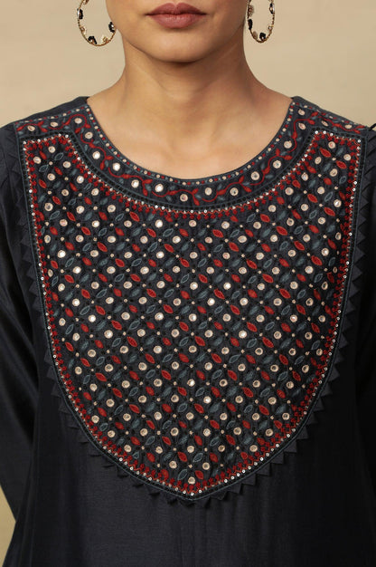 Dark Blue Embroidered Cotton Silk Kurta - wforwoman