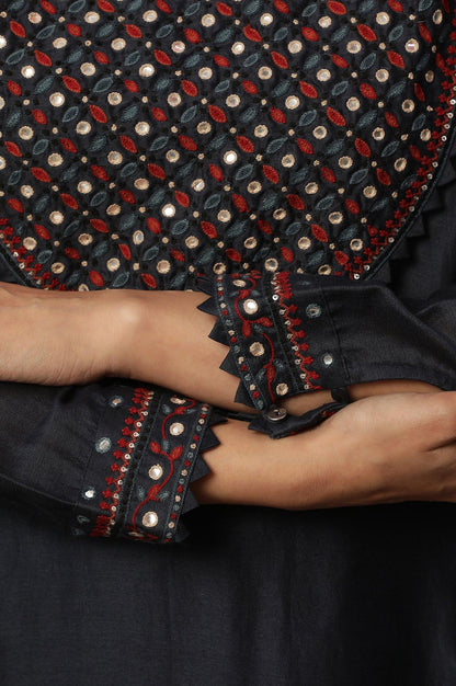 Dark Blue Embroidered Cotton Silk Kurta - wforwoman