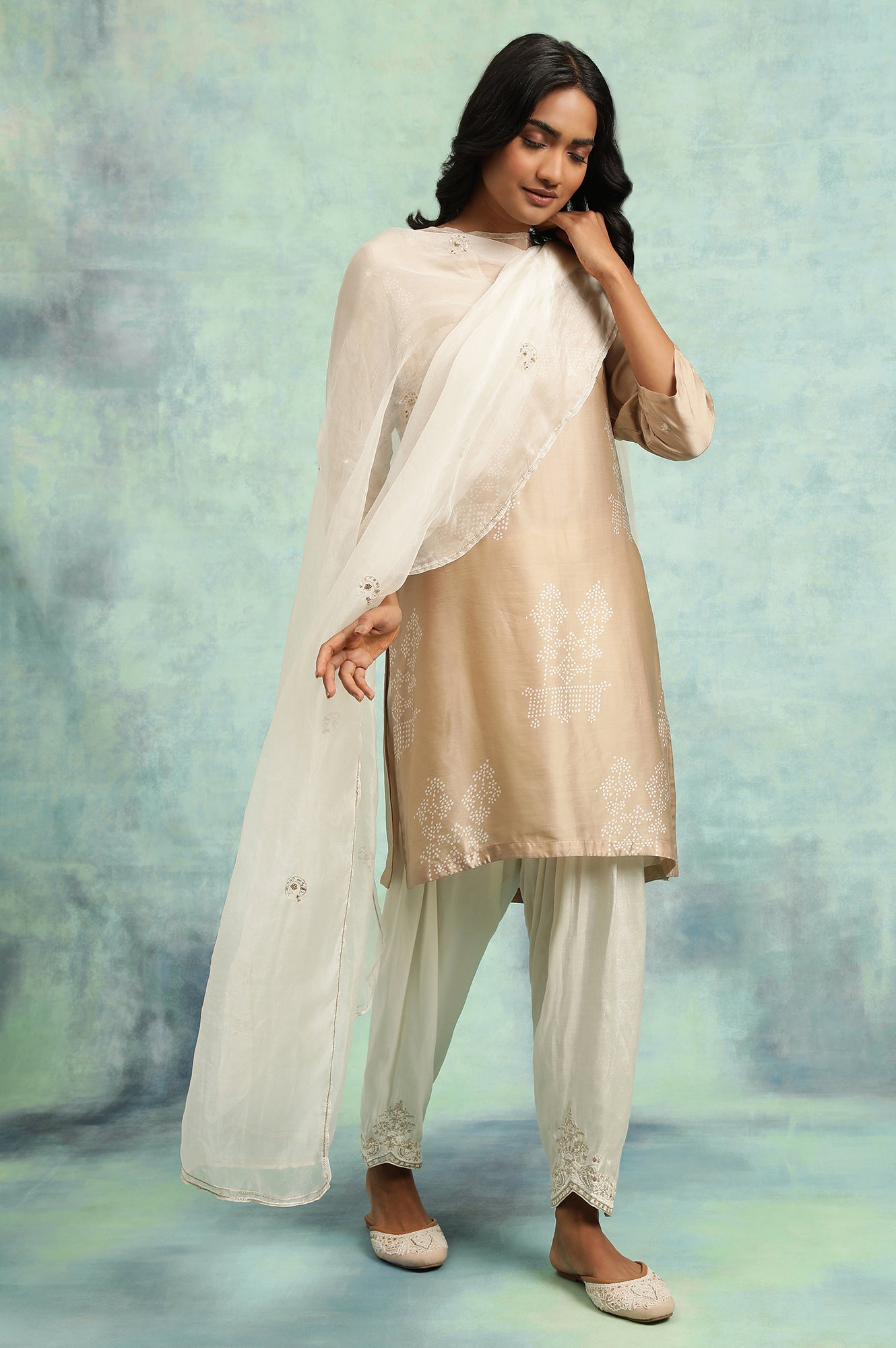 Light Grey Hand Block Print Satin kurta