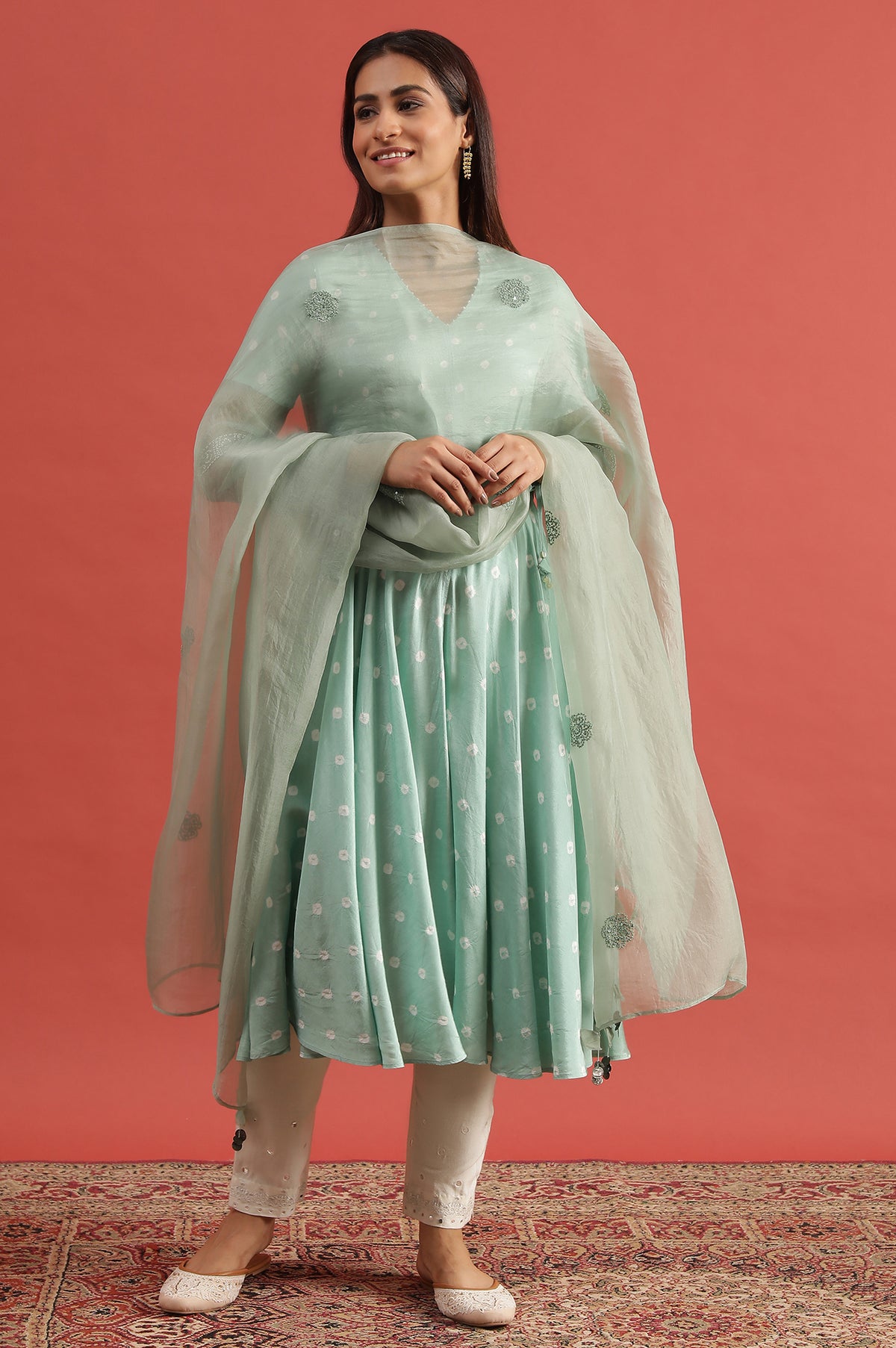 Green Hand Block Print Dress With Organza Sleeves - XS