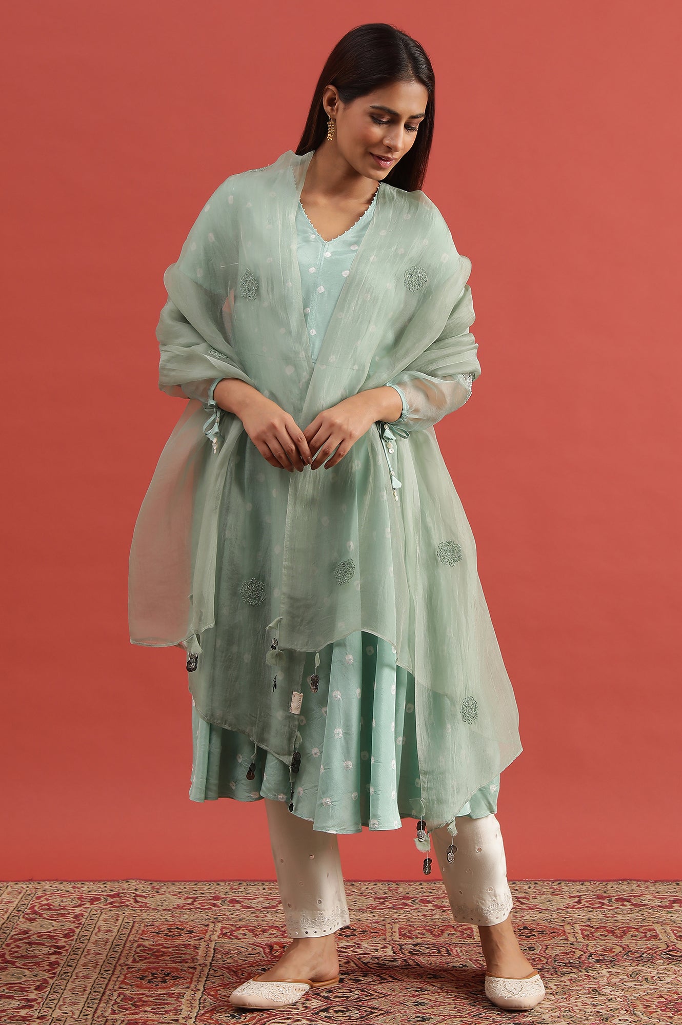 Green Hand Block Print Dress With Organza Sleeves