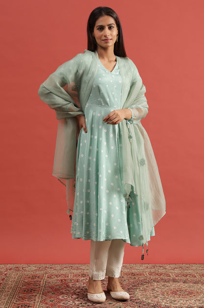 Green Hand Block Print Dress With Organza Sleeves