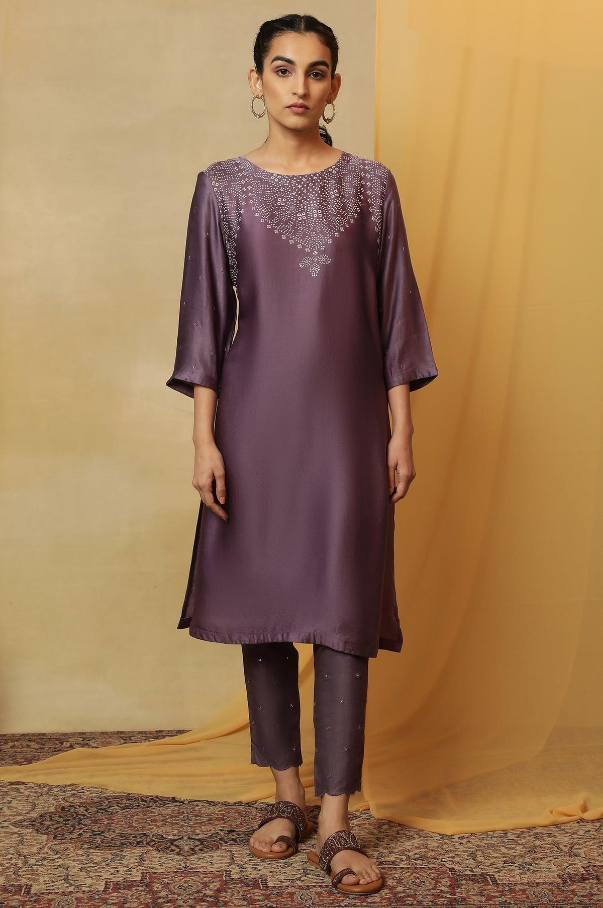 Purple Hand Block Placement Print Kurta - XS