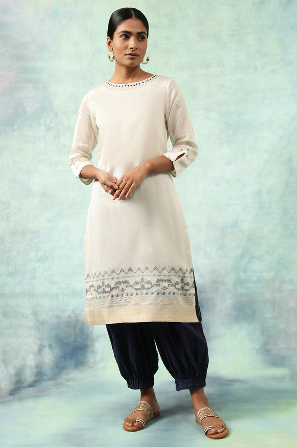 Ecru Jacquard kurta With Mirror Work Embroidery