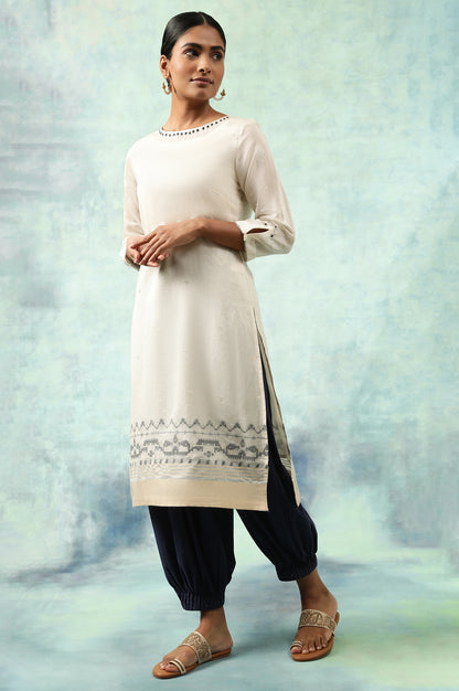 Ecru Jacquard kurta With Mirror Work Embroidery