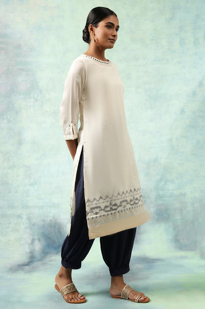 Ecru Jacquard kurta With Mirror Work Embroidery