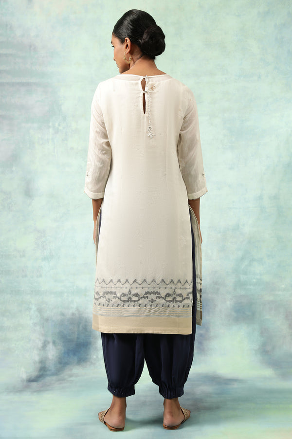 Ecru Jacquard kurta With Mirror Work Embroidery