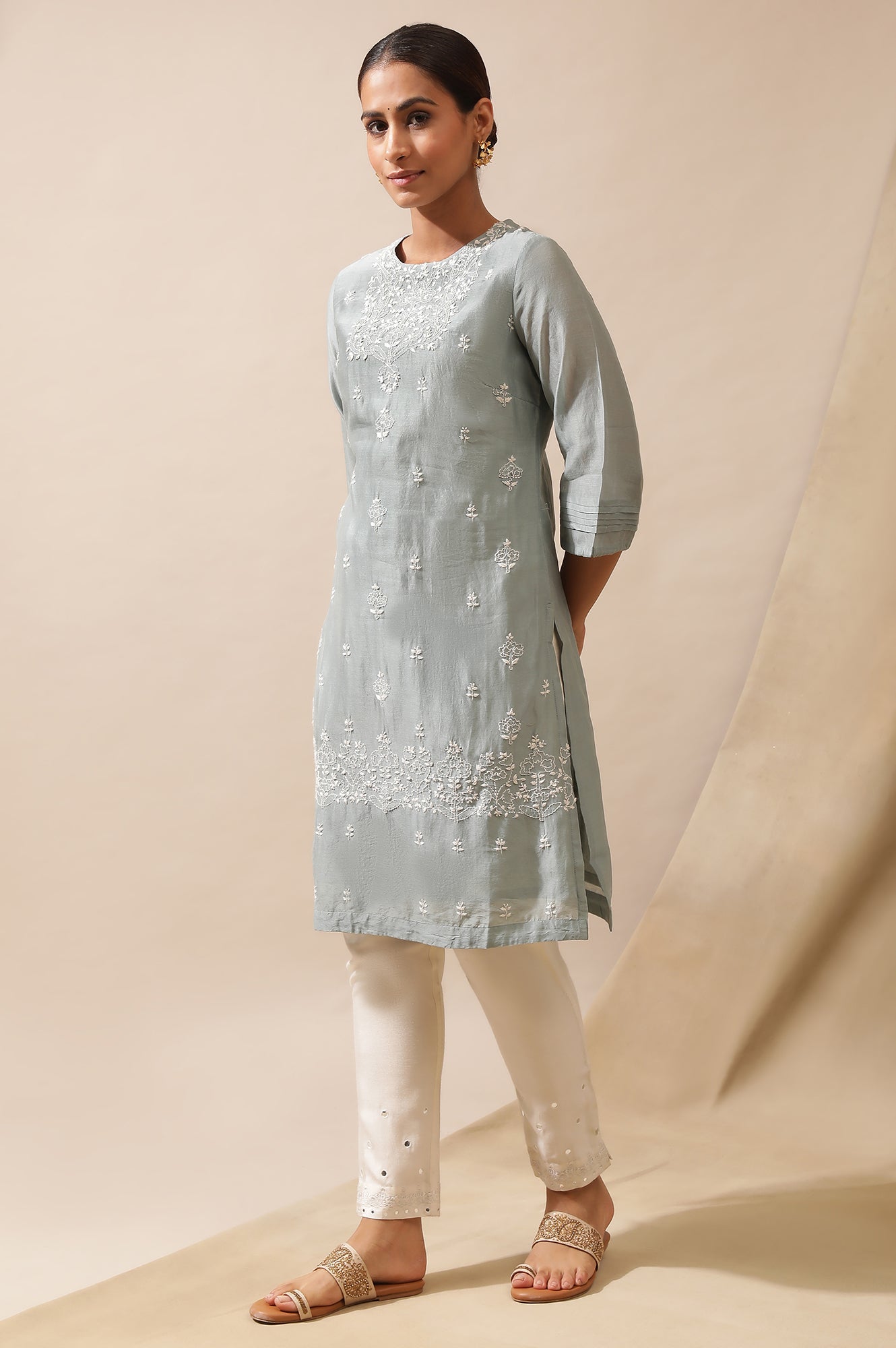 Grey Mist Cotton Silk Chikankari Kurta