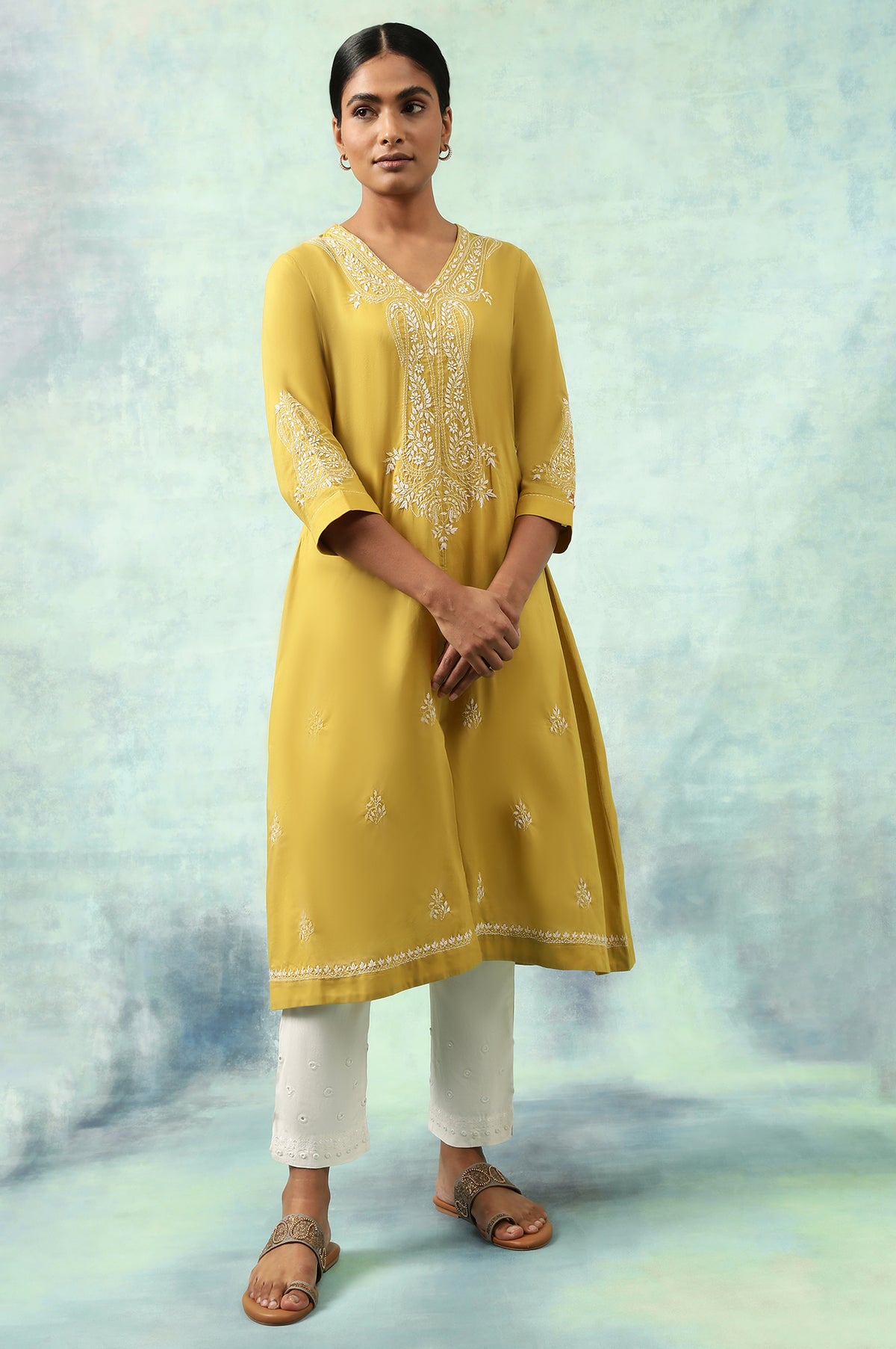 Green Cotton Voile Chikankari kurta - XS