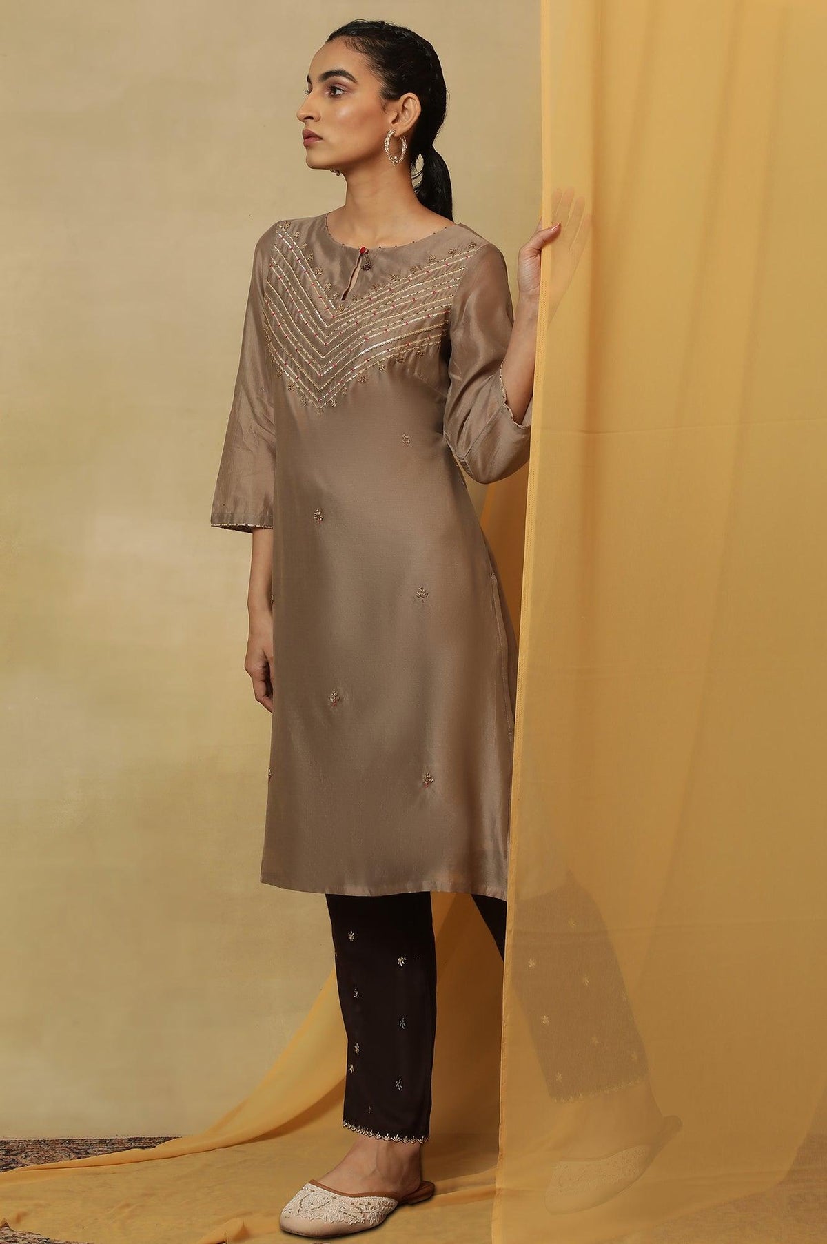 Light Grey Bead Embroidery Cotton Silk Kurta - XS