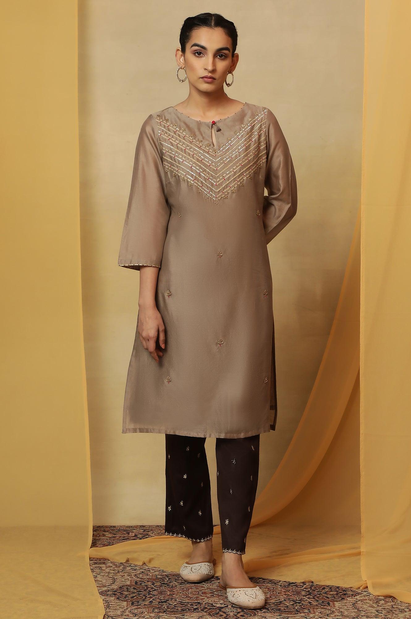 Light Grey Bead Embroidery Cotton Silk Kurta - wforwoman