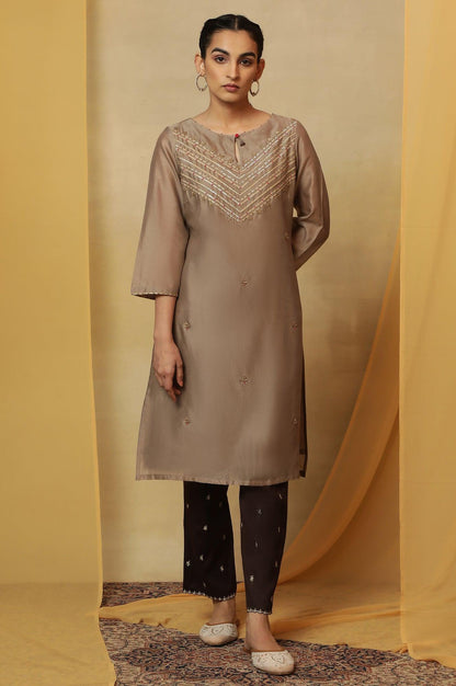 Light Grey Bead Embroidery Cotton Silk Kurta - wforwoman