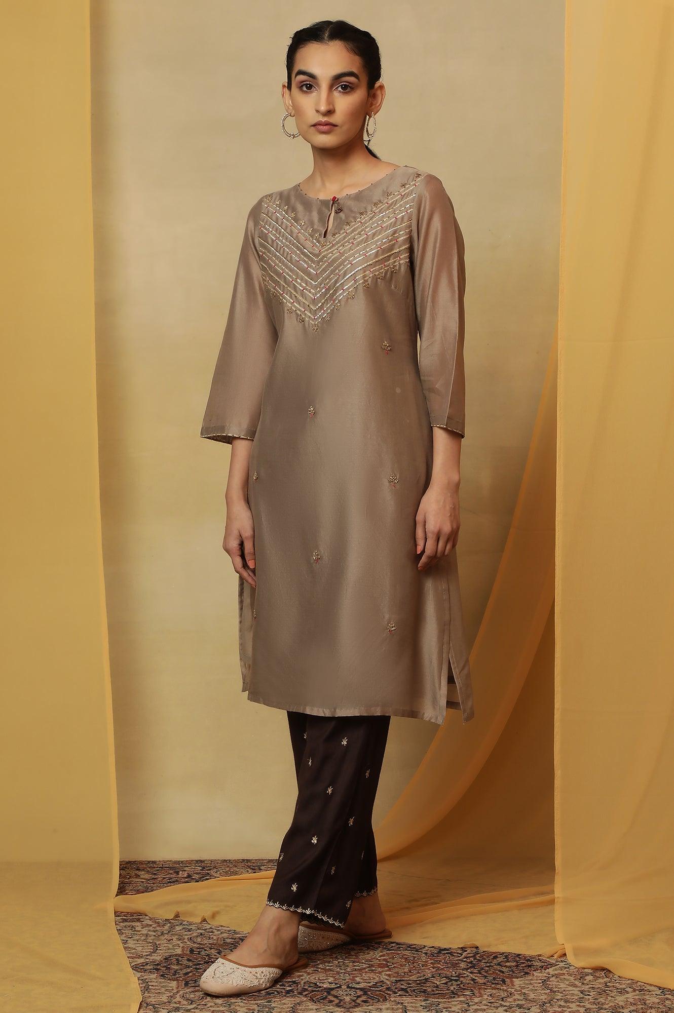 Light Grey Bead Embroidery Cotton Silk Kurta - wforwoman