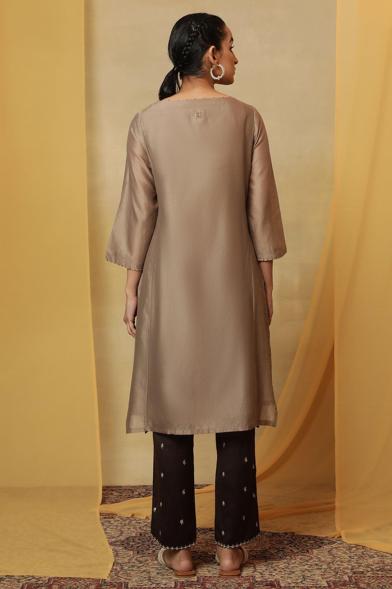 Light Grey Bead Embroidery Cotton Silk Kurta - wforwoman