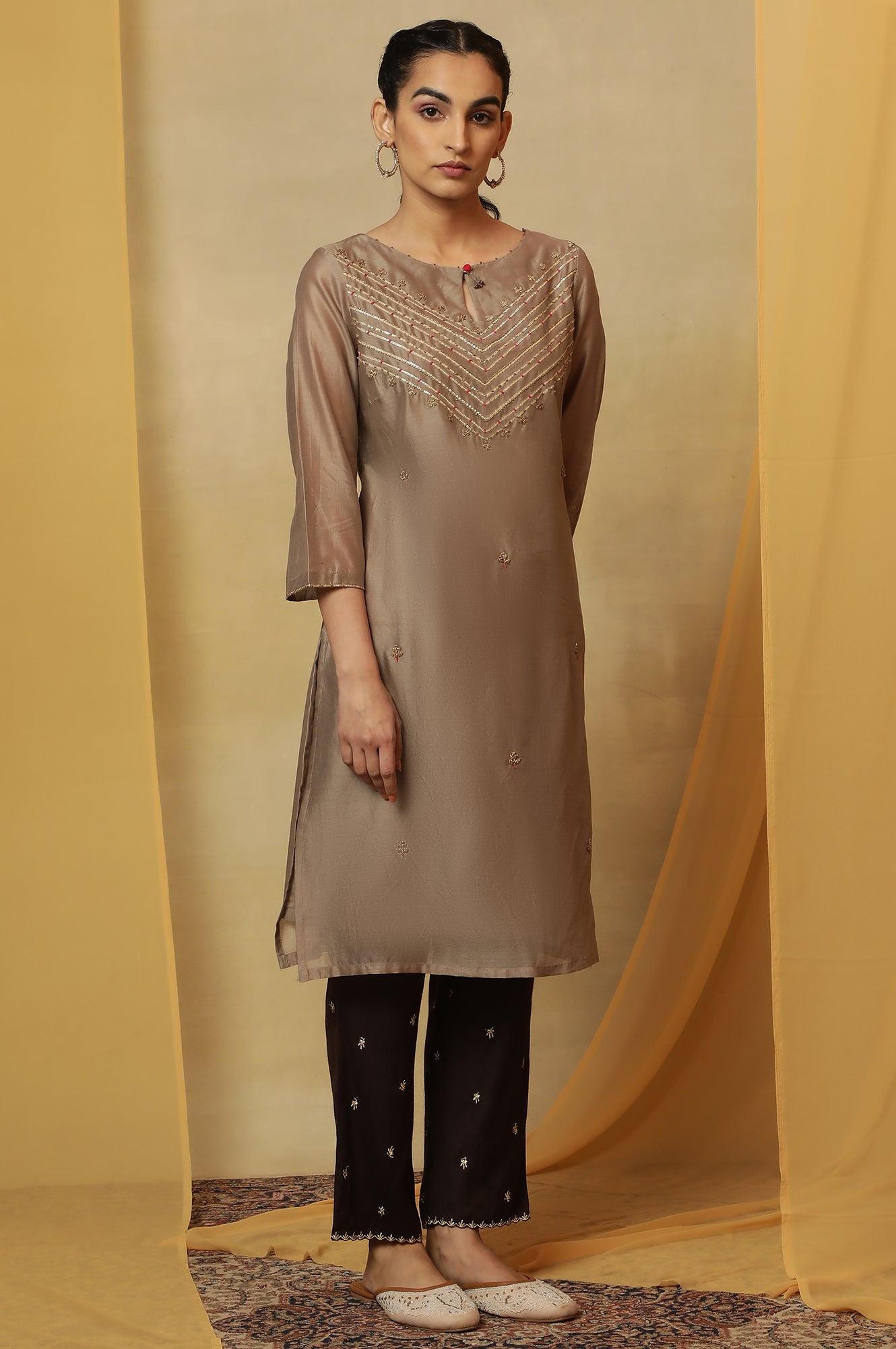 Light Grey Bead Embroidery Cotton Silk Kurta - wforwoman