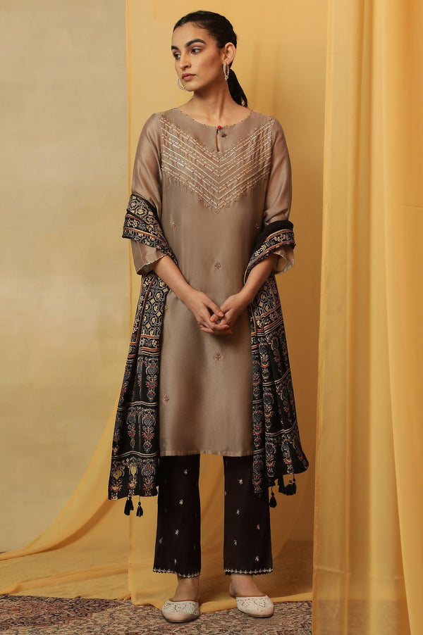 Light Grey Bead Embroidery Cotton Silk Kurta