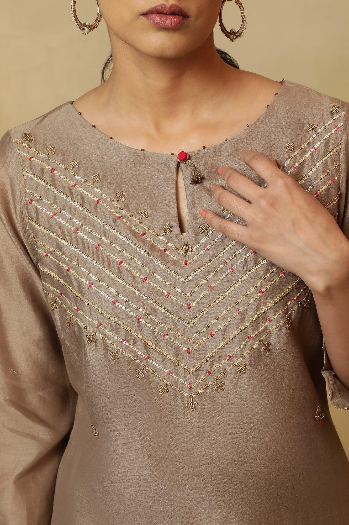 Light Grey Bead Embroidery Cotton Silk Kurta - wforwoman