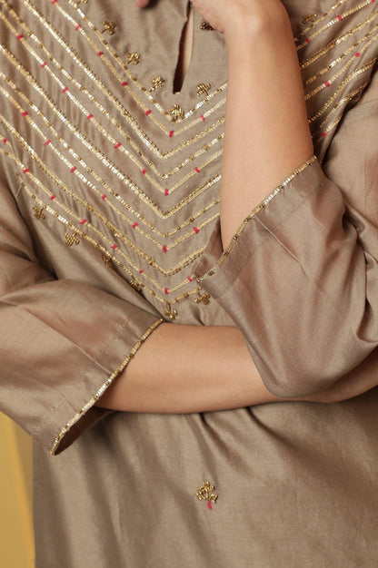 Light Grey Bead Embroidery Cotton Silk Kurta - wforwoman