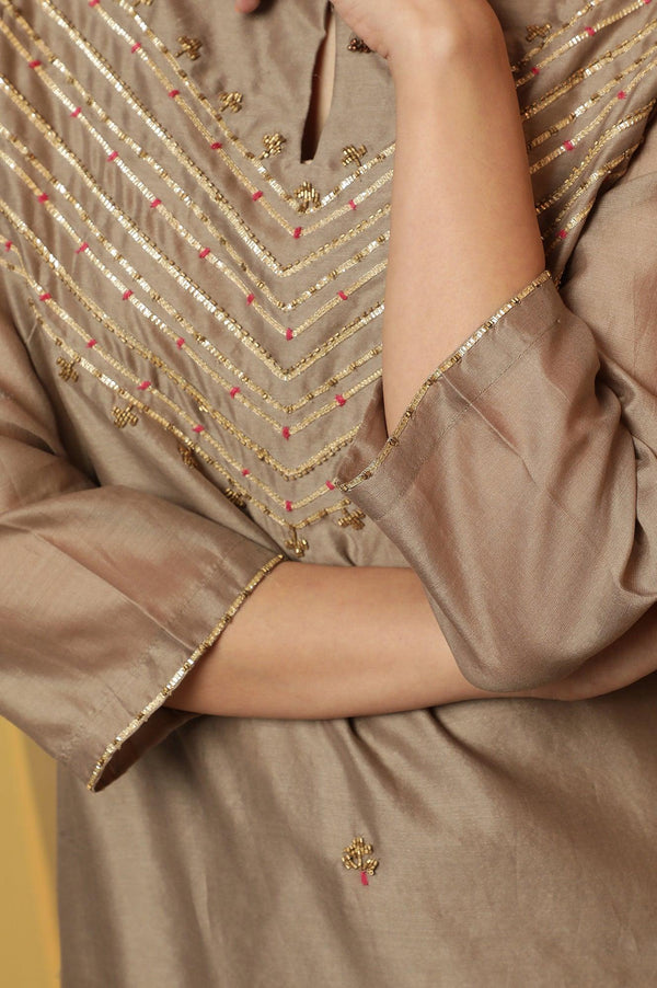 Light Grey Bead Embroidery Cotton Silk Kurta