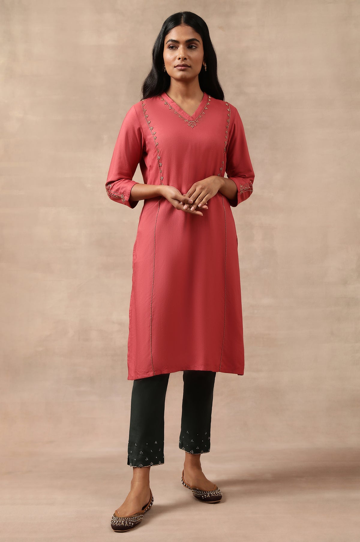 Beige Bead Embroidered Viscose Silk Tussar Kurta - XS