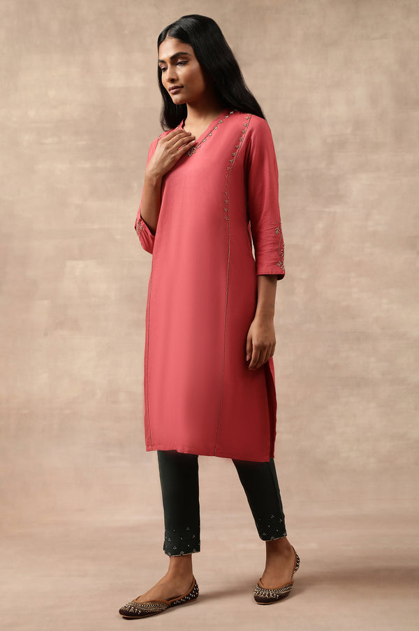 Beige Bead Embroidered Viscose Silk Tussar Kurta