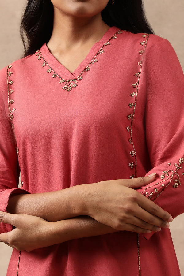 Beige Bead Embroidered Viscose Silk Tussar Kurta