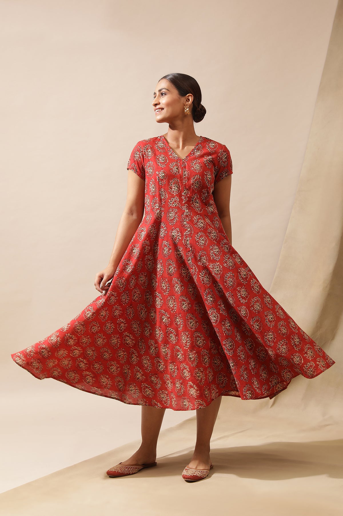 Red Hand Block Print Dress - M