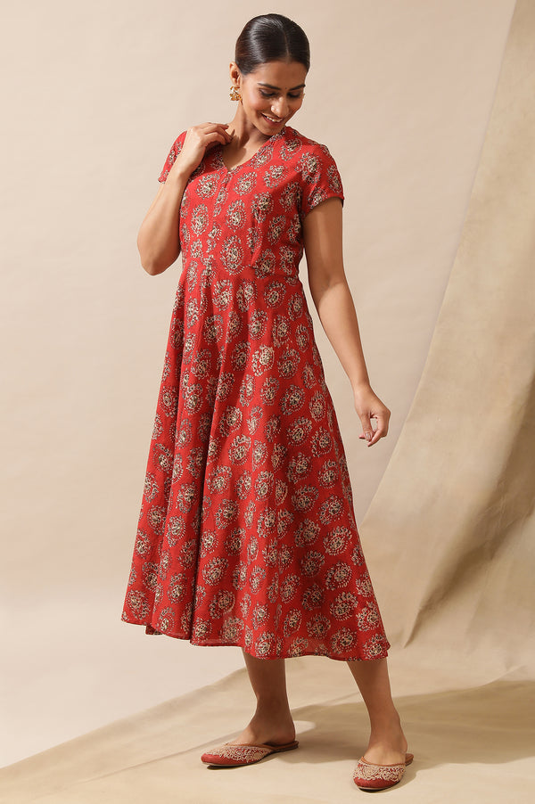 Red Hand Block Print Dress