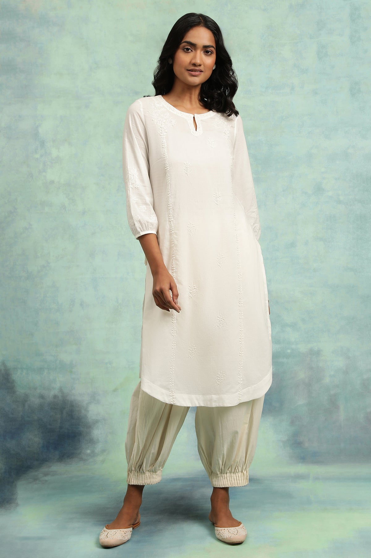 White On White Chikankari kurta In Cotton Voile - XS