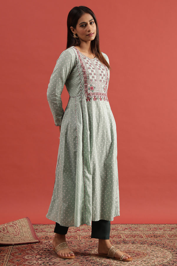 Light Green Hand Block Print Kurta With Embroidery