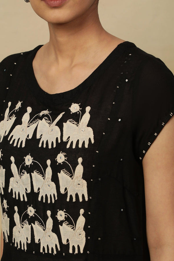 Black Modal Flax Applique  Dress