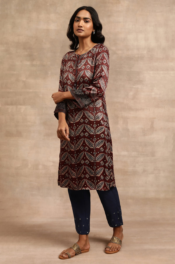 Brick Red Ajrakh kurta In Lustrous Satin
