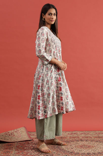 White Multi-Coloured Hand Block Print Flared Kurta