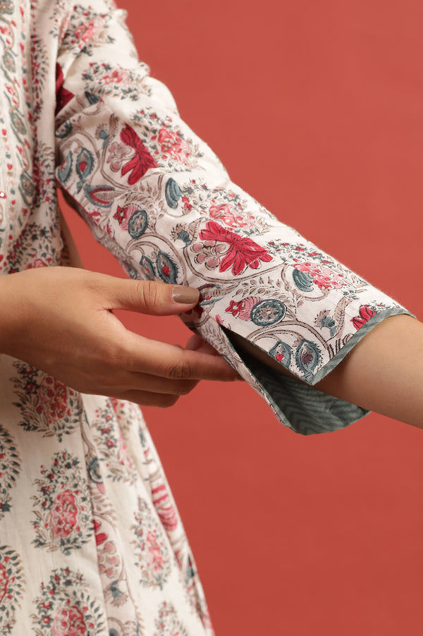White Multi-Coloured Hand Block Print Flared Kurta
