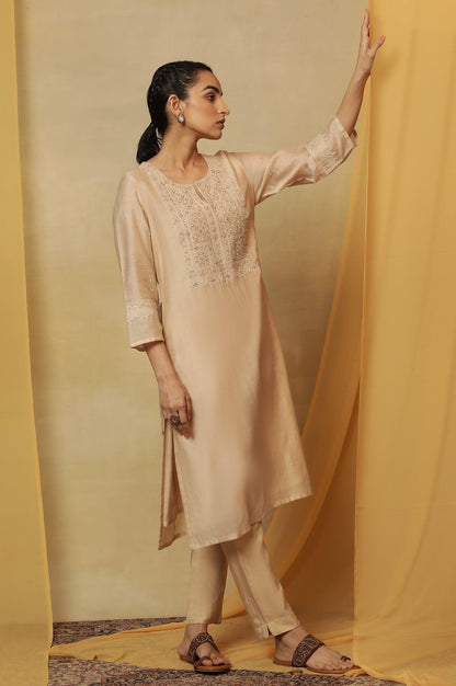 Beige Dori Embroidered Cotton Silk Kurta - wforwoman