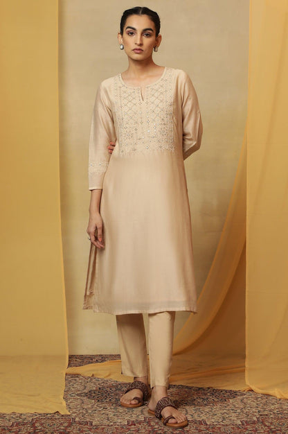 Beige Dori Embroidered Cotton Silk Kurta - wforwoman