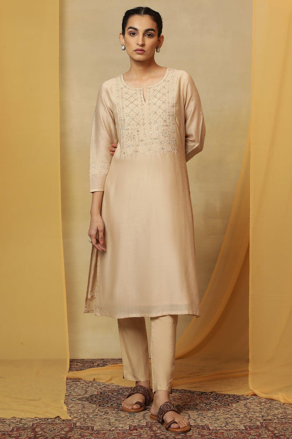 Beige Dori Embroidered Cotton Silk Kurta