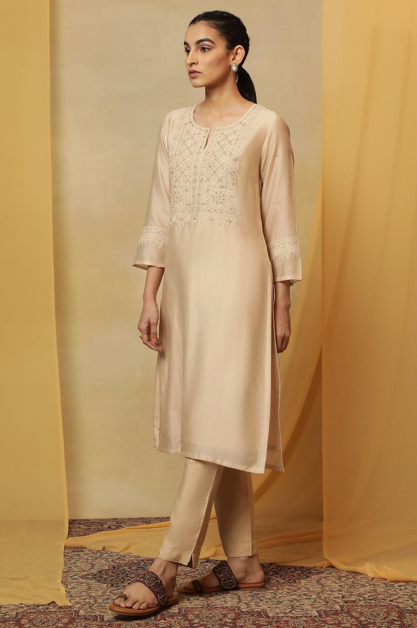 Beige Dori Embroidered Cotton Silk Kurta - wforwoman