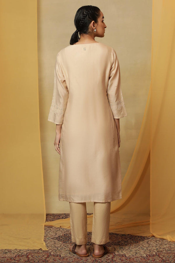 Beige Dori Embroidered Cotton Silk Kurta