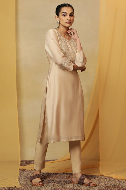 Beige Dori Embroidered Cotton Silk Kurta - wforwoman