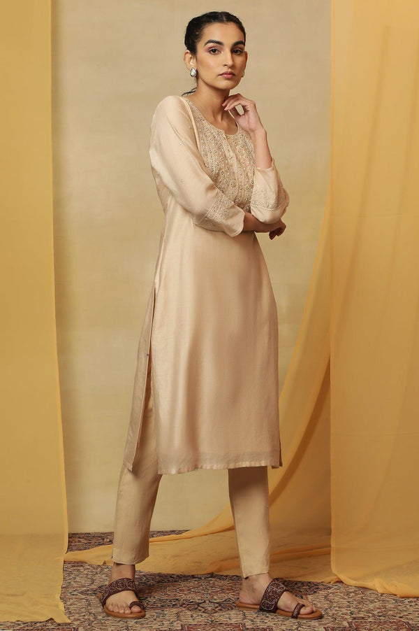 Beige Dori Embroidered Cotton Silk Kurta