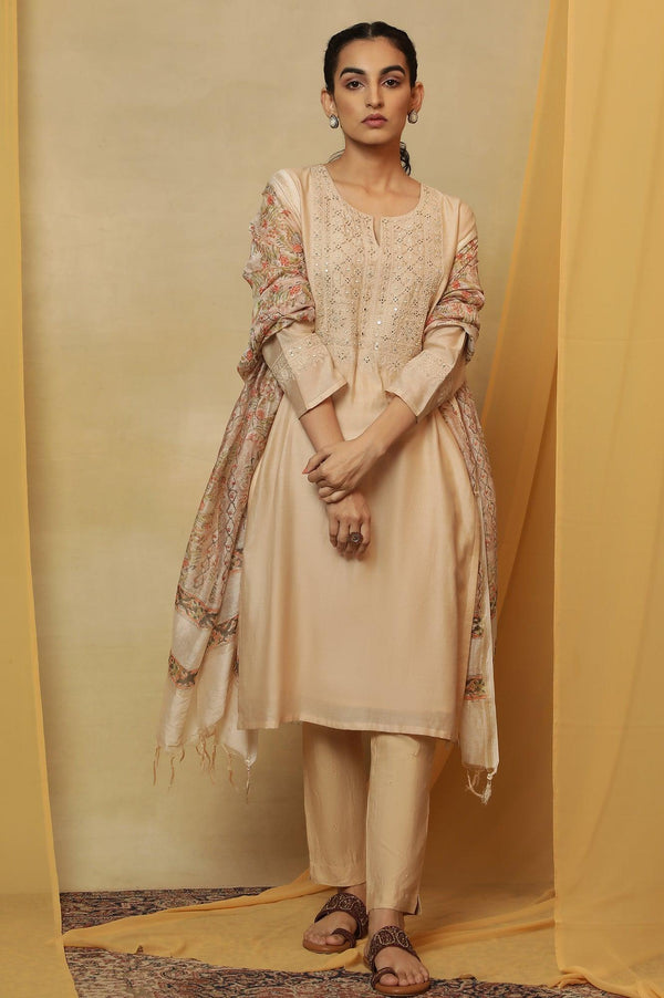 Beige Dori Embroidered Cotton Silk Kurta
