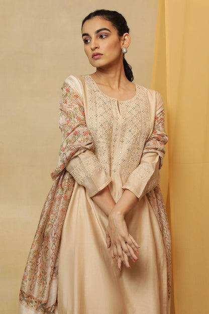 Beige Dori Embroidered Cotton Silk Kurta - wforwoman