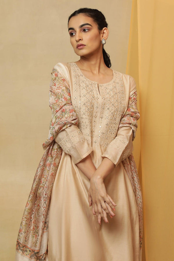 Beige Dori Embroidered Cotton Silk Kurta