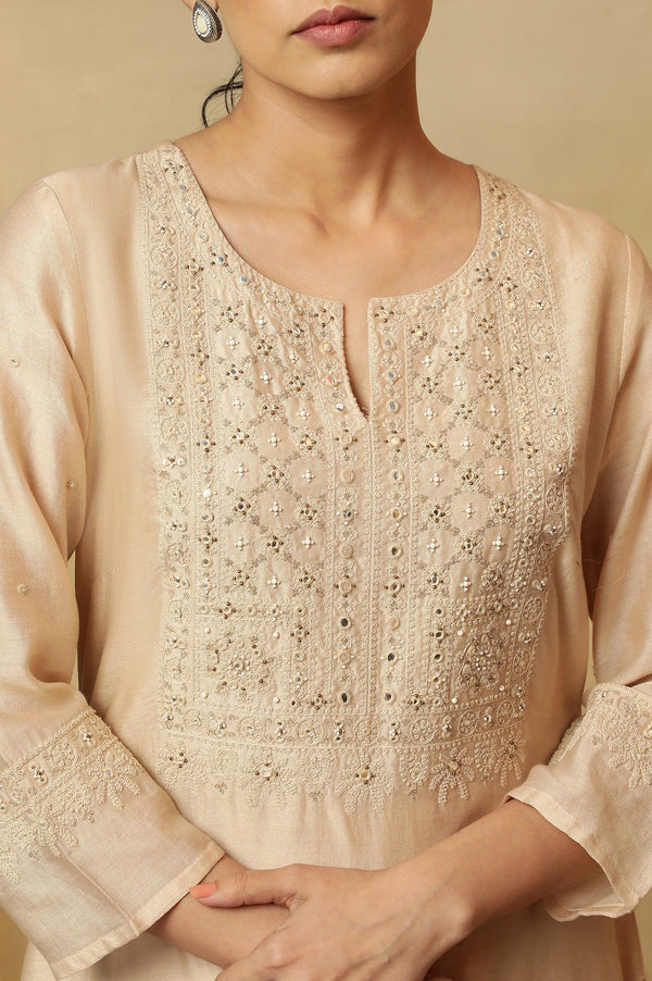 Beige Dori Embroidered Cotton Silk Kurta